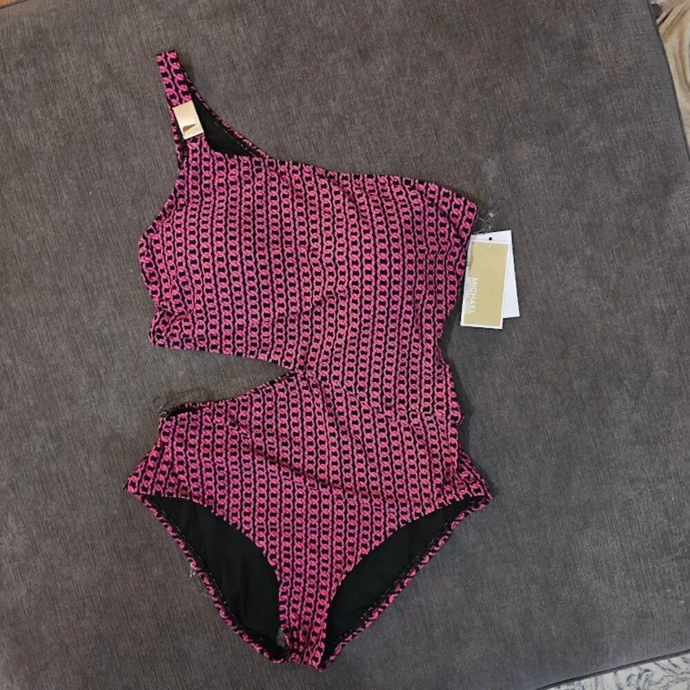 Michael Kors Black Pink Chain Pattern One Shoulder Cutout One Piece Swimsuit 12